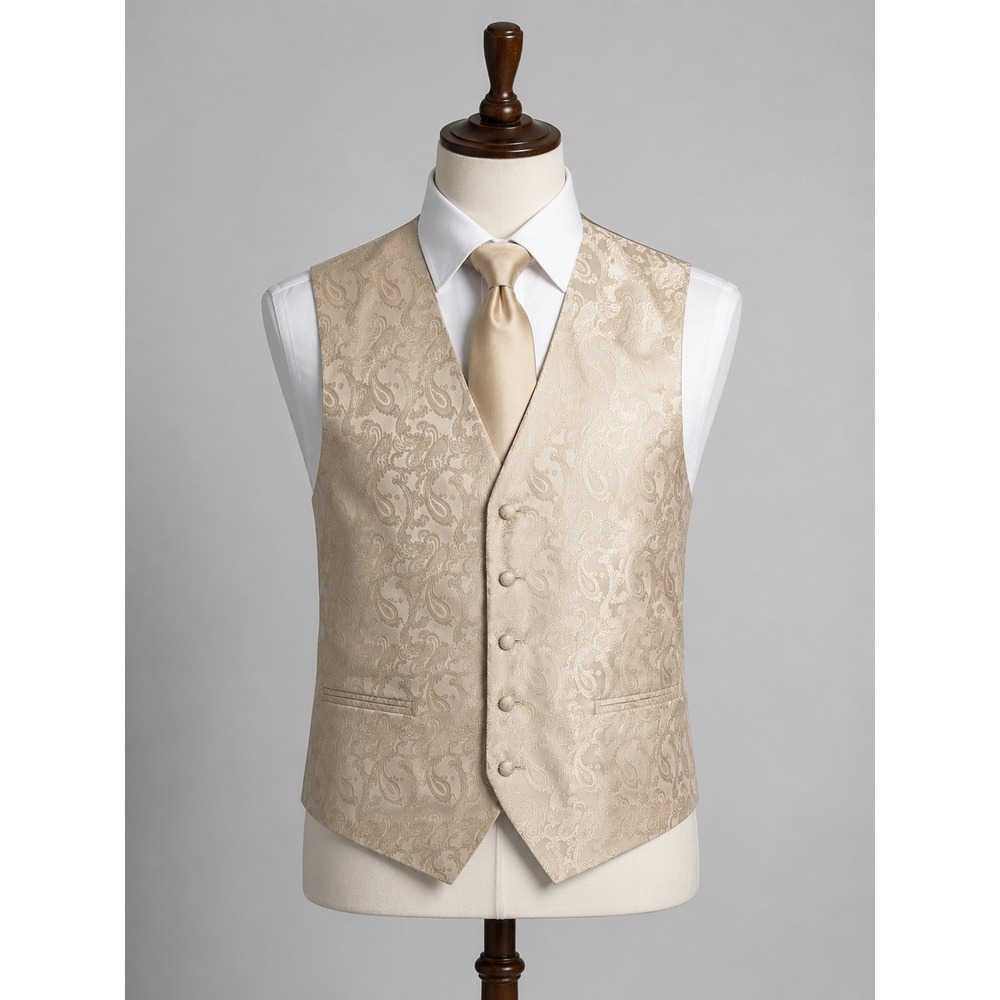 Paisley Jacquard Men's Formal  Waistcoat Vest Champagne Ivory Old Money Academia